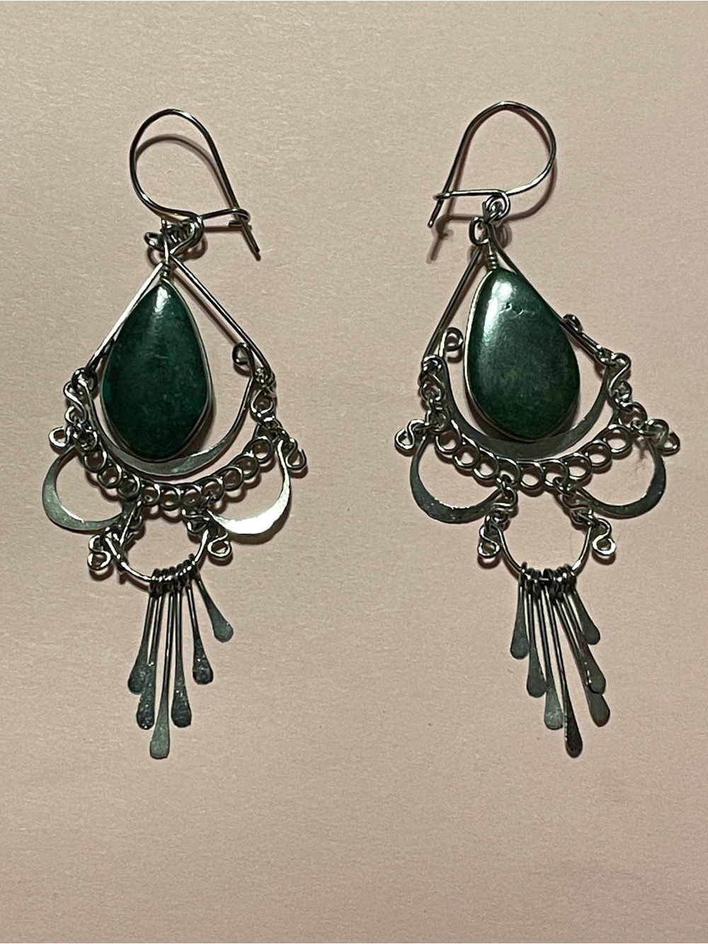 Silver Tone Green Stone Chandelier Dangling Earrings #7969